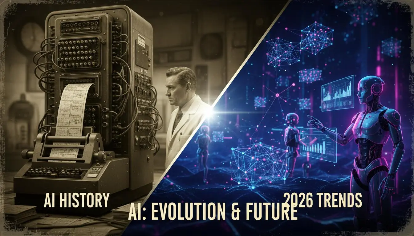 AI History Timeline - Evolution from 1950s computers to 2026 AI technology