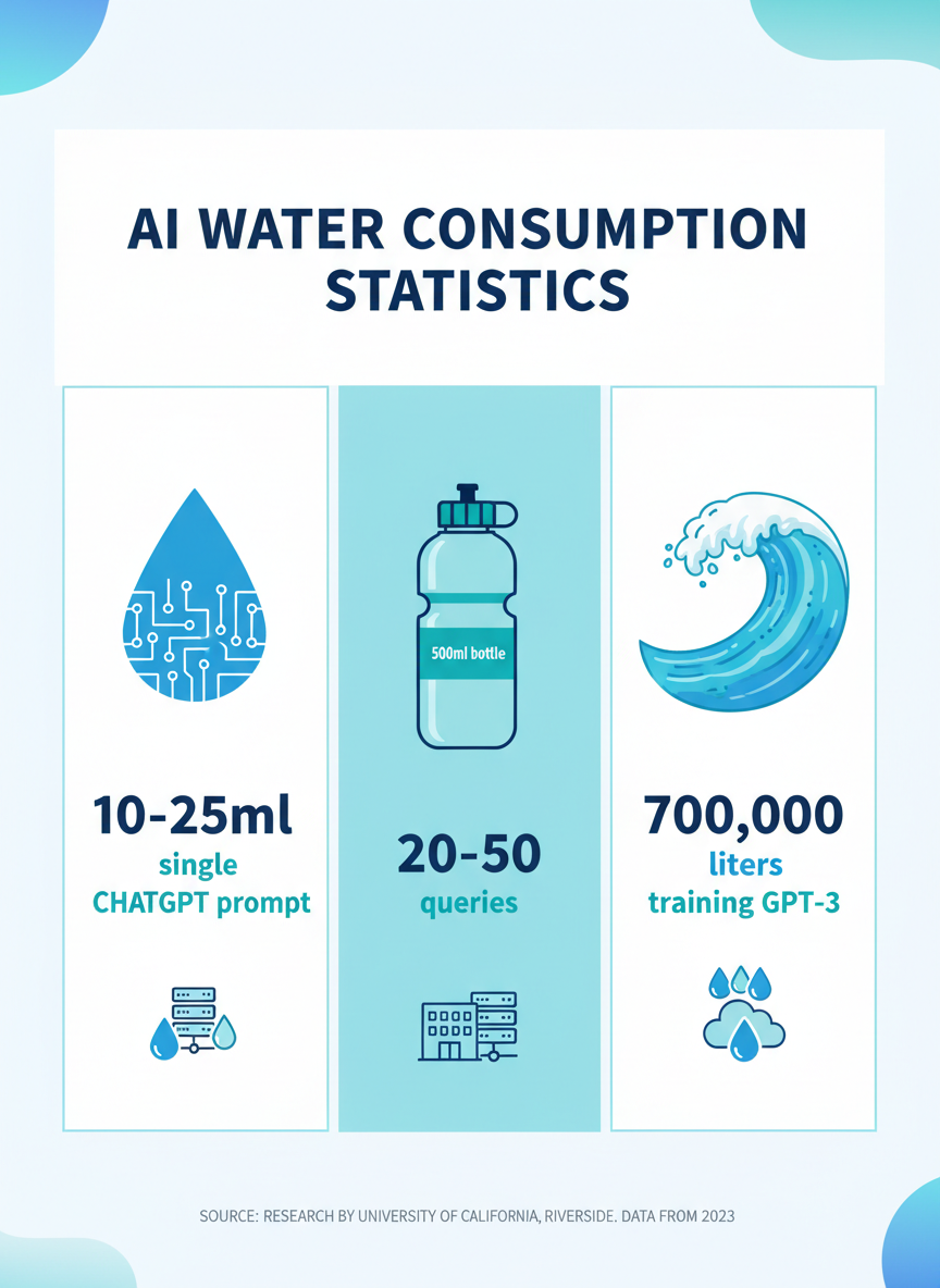 AI Water Consumption Infographic showing 10-25ml per prompt, 500ml per 20-50 queries, and 700,000 liters for training GPT-3